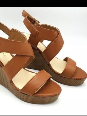 Marc Fisher Cognac Leather Strappy Wedge Sandals